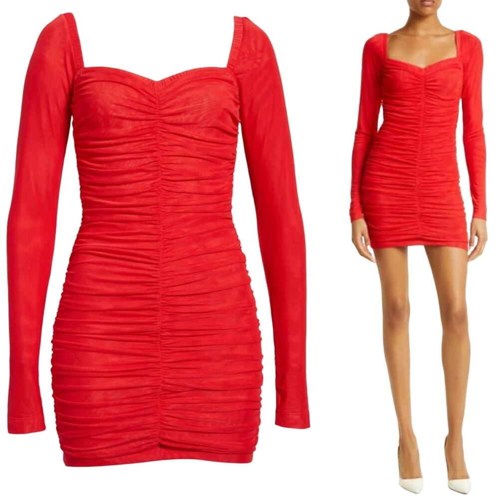 ROTATE BIRGER CHRISTENSEN Farley Ruched Long Sleeve Mesh Mini Dress Red Size 6